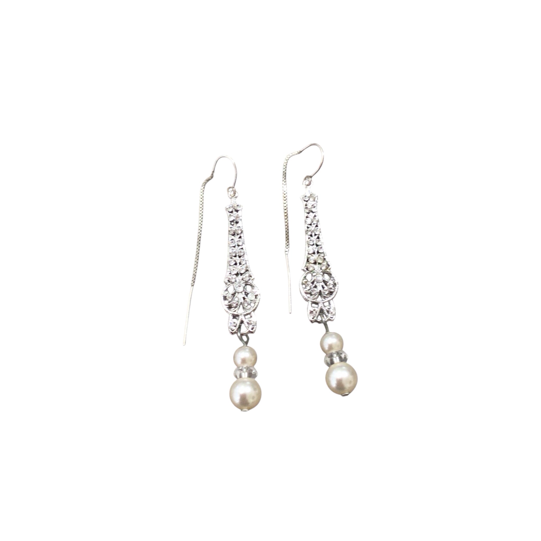 Sterling Silver Elegant Pearl Earrings 2.5" Long