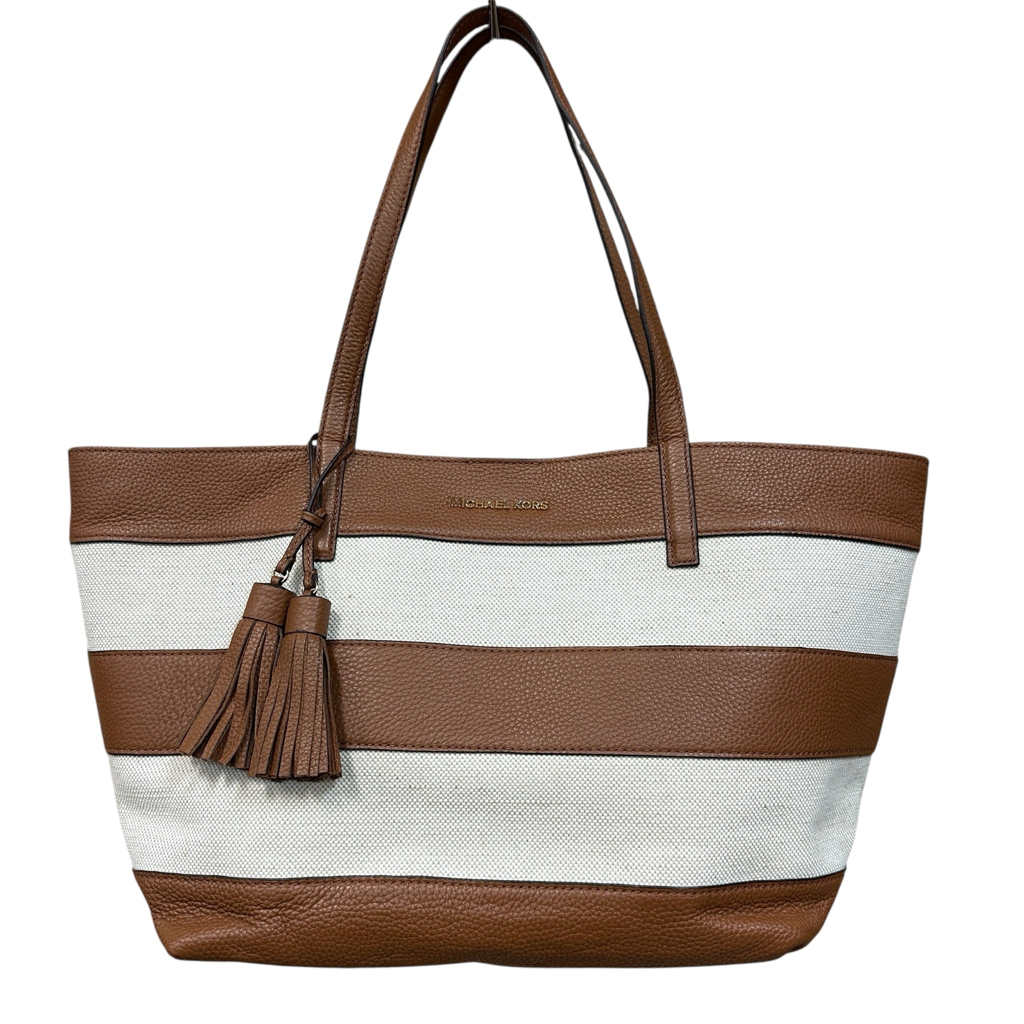 Michael Kors "East West" Striped Leather & Canvas Tote Bag
