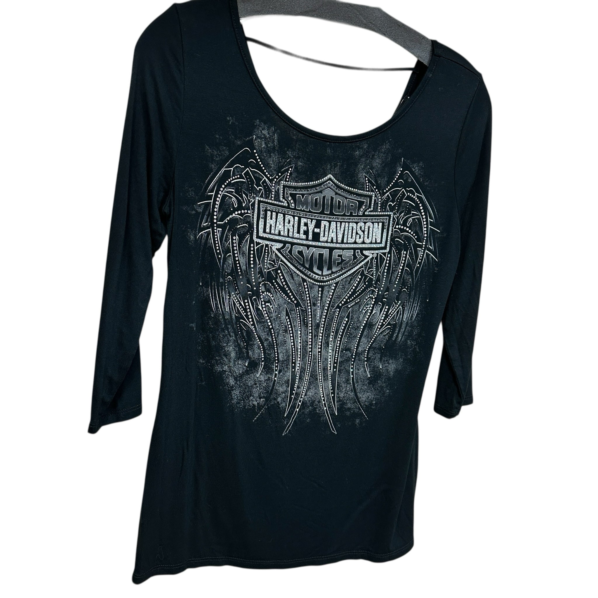 Harley Davidson Black Rhinestone Medium 3/4 Sleeve Top