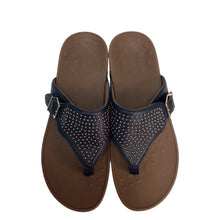 Load image into Gallery viewer, Vionic Capitola Thong Wedge Sandals Women Size 9 Navy Blue Buckle Studded