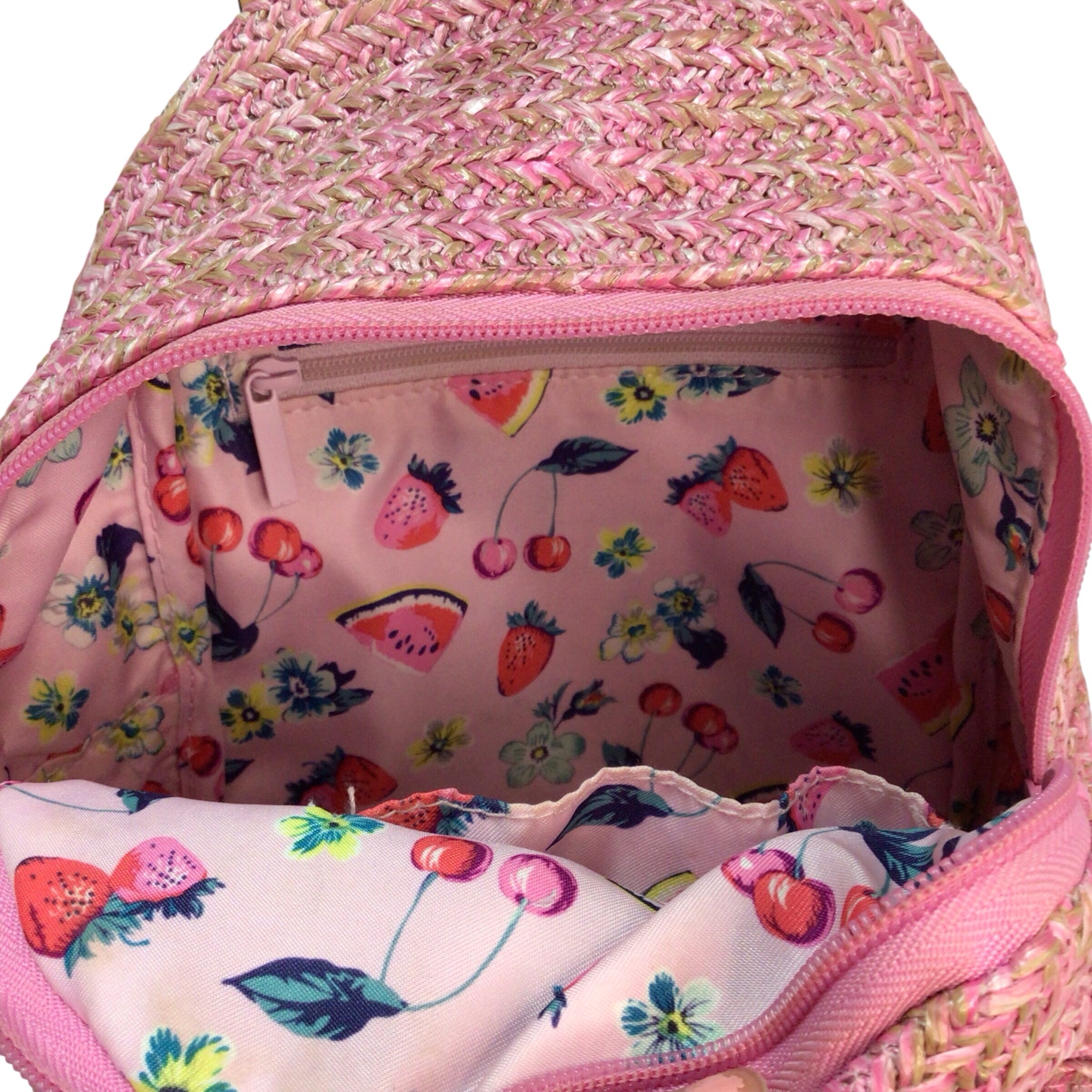 Vera Bradley Pink Straw Cherry Double Compartment Mini Backpack Handbag
