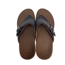 Load image into Gallery viewer, Vionic Capitola Thong Wedge Sandals Women Size 9 Navy Blue Buckle Studded