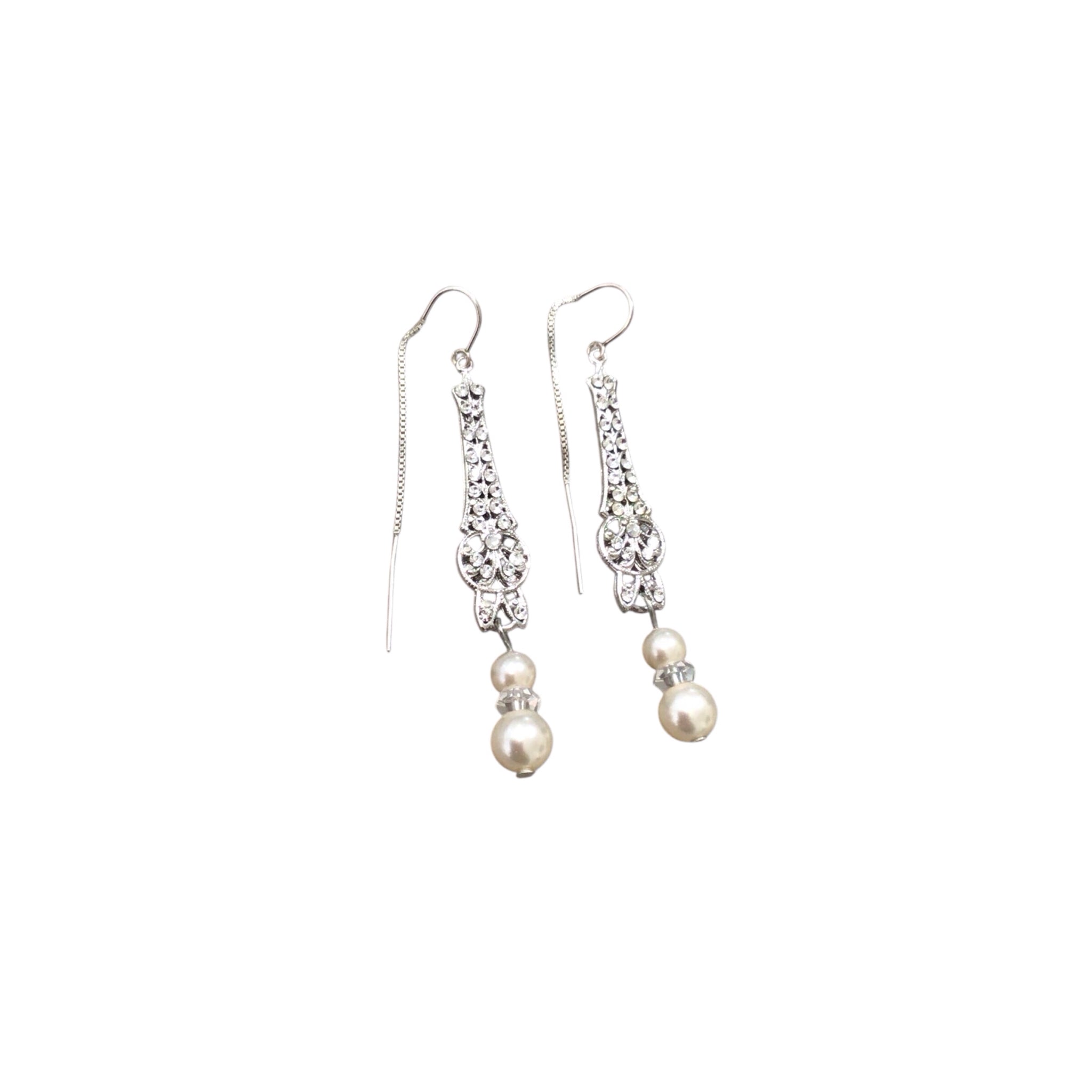 Sterling Silver Elegant Pearl Earrings 2.5" Long