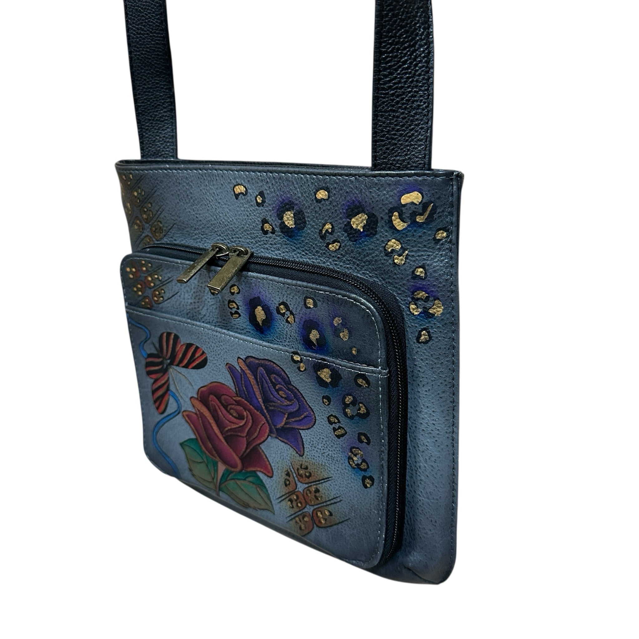 Anna by Anuschka Gray Leather Butterfly and Rose Crossbody Bag
