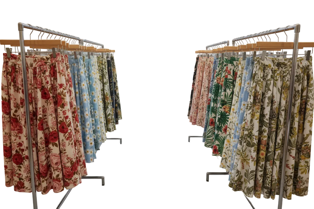 floral skirts hanging in store