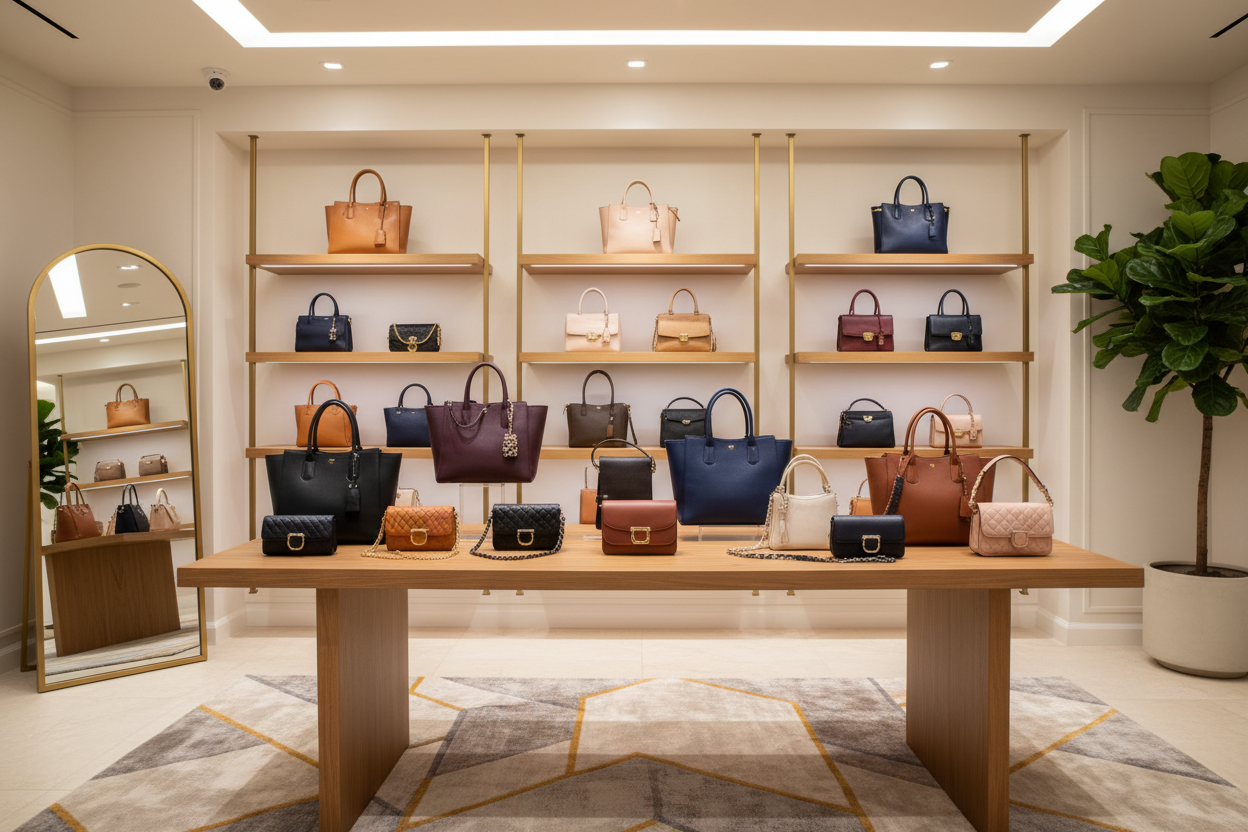 women's collection of handbags displayed in a store setting