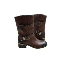 Load image into Gallery viewer, Vince Camuto Welton Brown Leather Mid-Calf Boots Quilted Buckles Size 7.5