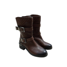 Load image into Gallery viewer, Vince Camuto Welton Brown Leather Mid-Calf Boots Quilted Buckles Size 7.5