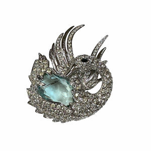 Nolan Miller Glamour Collection blue glass, clear rhinestone Swan brooch