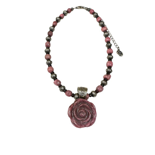 Carolyn Pollack Sterling Silver Rhodonite Carved Rose Pendant Bead Necklace