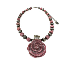 Carolyn Pollack Sterling Silver Rhodonite Carved Rose Pendant Bead Necklace
