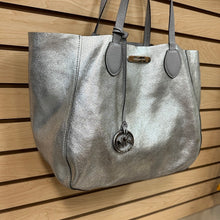 Load image into Gallery viewer, Michael Kors Mae East West Pebble Leather Tote Bag Gray Metallic Silver Reversible Bag
