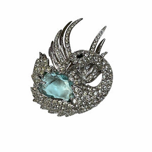 Nolan Miller Glamour Collection blue glass, clear rhinestone Swan brooch