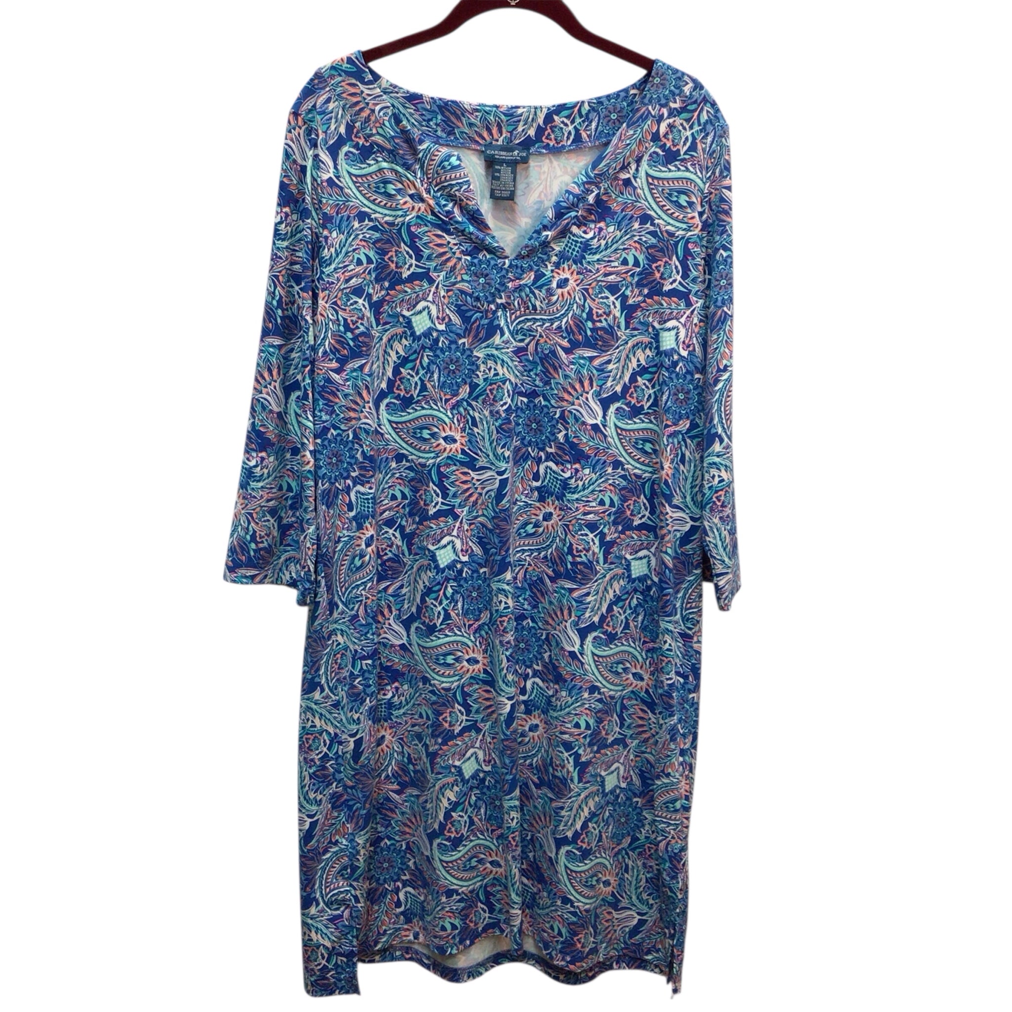 Caribbean Joe Blue Floral Long Sleeve Dress Size L