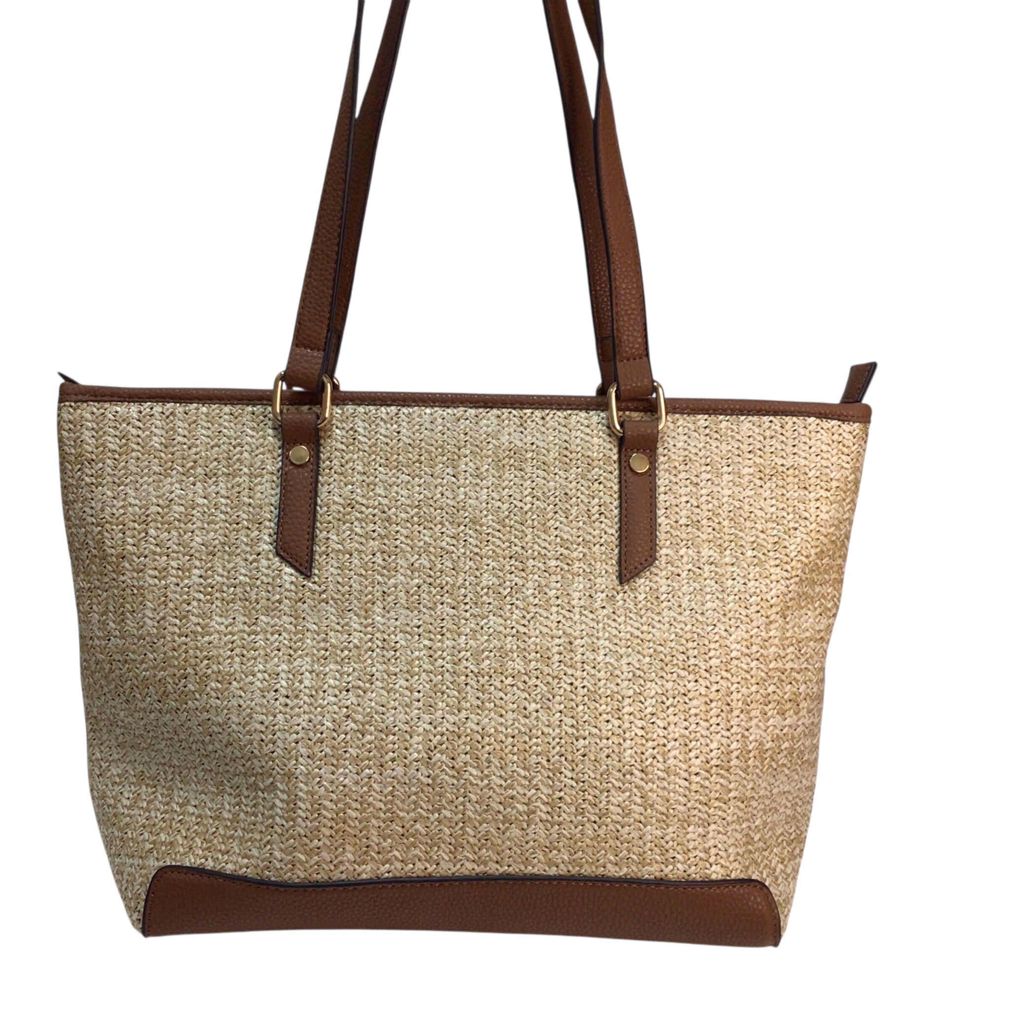 Fashion Metallic Leather Trim Straw Tote Bag / Shoulder Bag