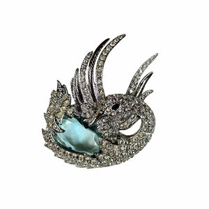 Nolan Miller Glamour Collection blue glass, clear rhinestone Swan brooch