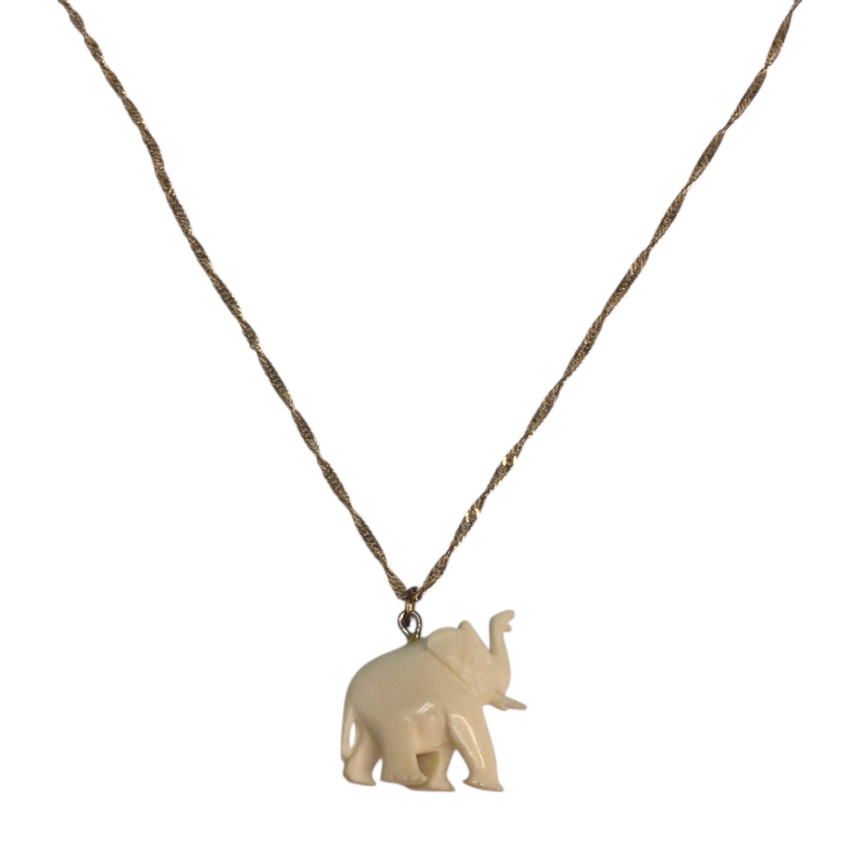 Ivory Elephant Pendant 10K Gold Chain Necklace 24"
