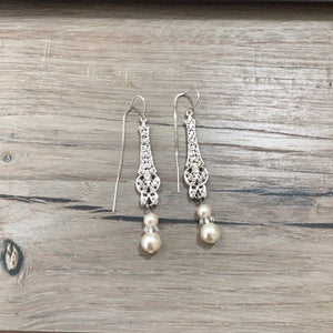 Sterling Silver Elegant Pearl Earrings 2.5" Long