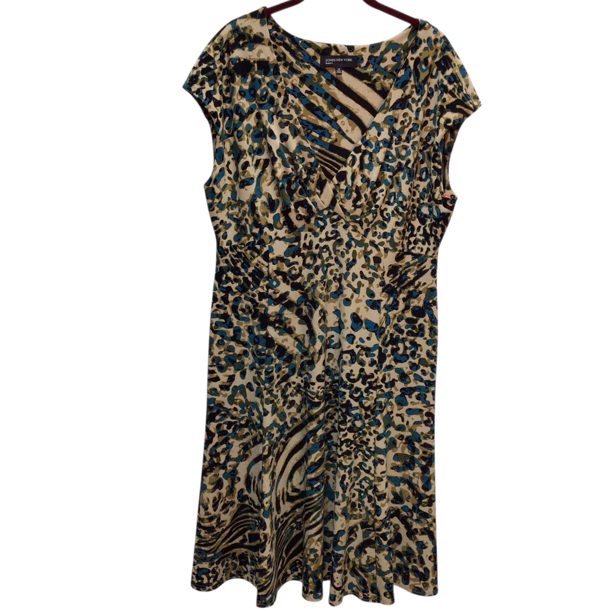 Jones NY Tan, Blue, Black Animal Print Dress Size 16