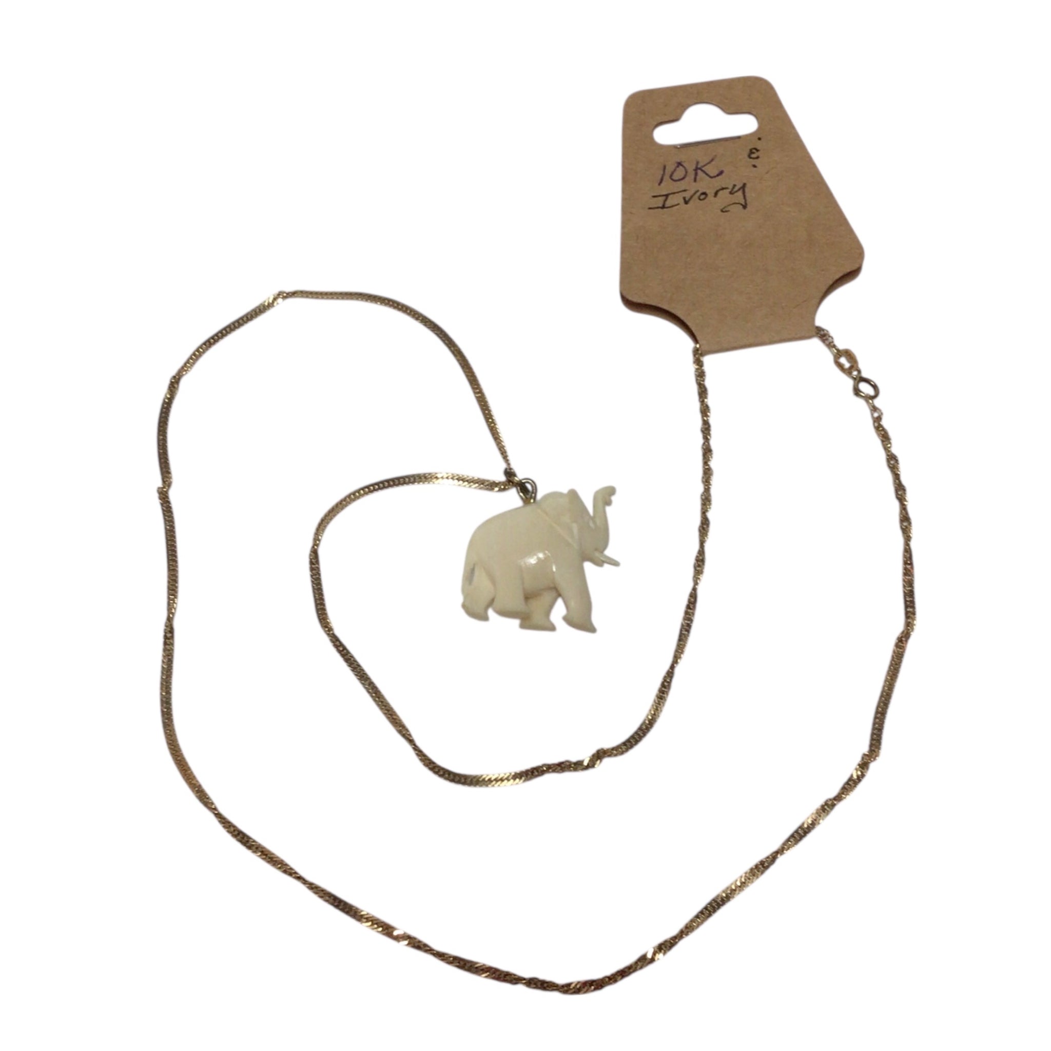 Ivory Elephant Pendant 10K Gold Chain Necklace 24"