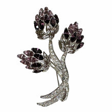 Load image into Gallery viewer, Nolan Miller Brooch Pin Rhinestones 3 Flowers Bouquet Runway Statement Purple Pink