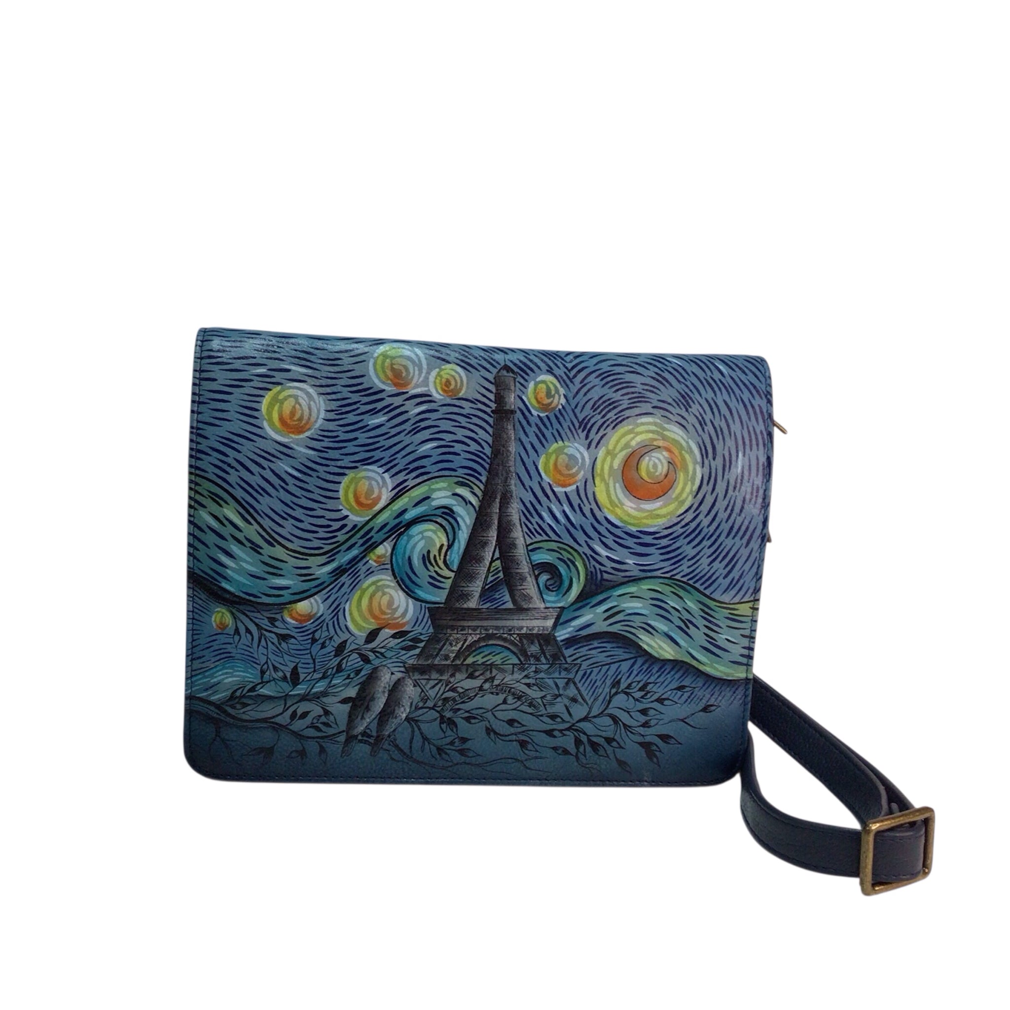 Anna by Anuschka Love in Paris Medium Saddle Crossbody Bag Blue 8301
