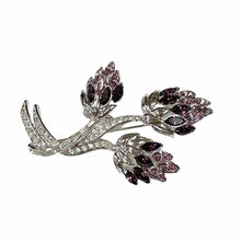 Load image into Gallery viewer, Nolan Miller Brooch Pin Rhinestones 3 Flowers Bouquet Runway Statement Purple Pink