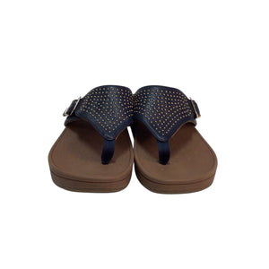 Vionic Capitola Thong Wedge Sandals Women Size 9 Navy Blue Buckle Studded