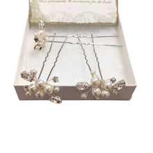 Load image into Gallery viewer, Pearl &amp; Rhinestone Silver Bridal Hair Clips