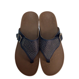Vionic Capitola Thong Wedge Sandals Women Size 9 Navy Blue Buckle Studded