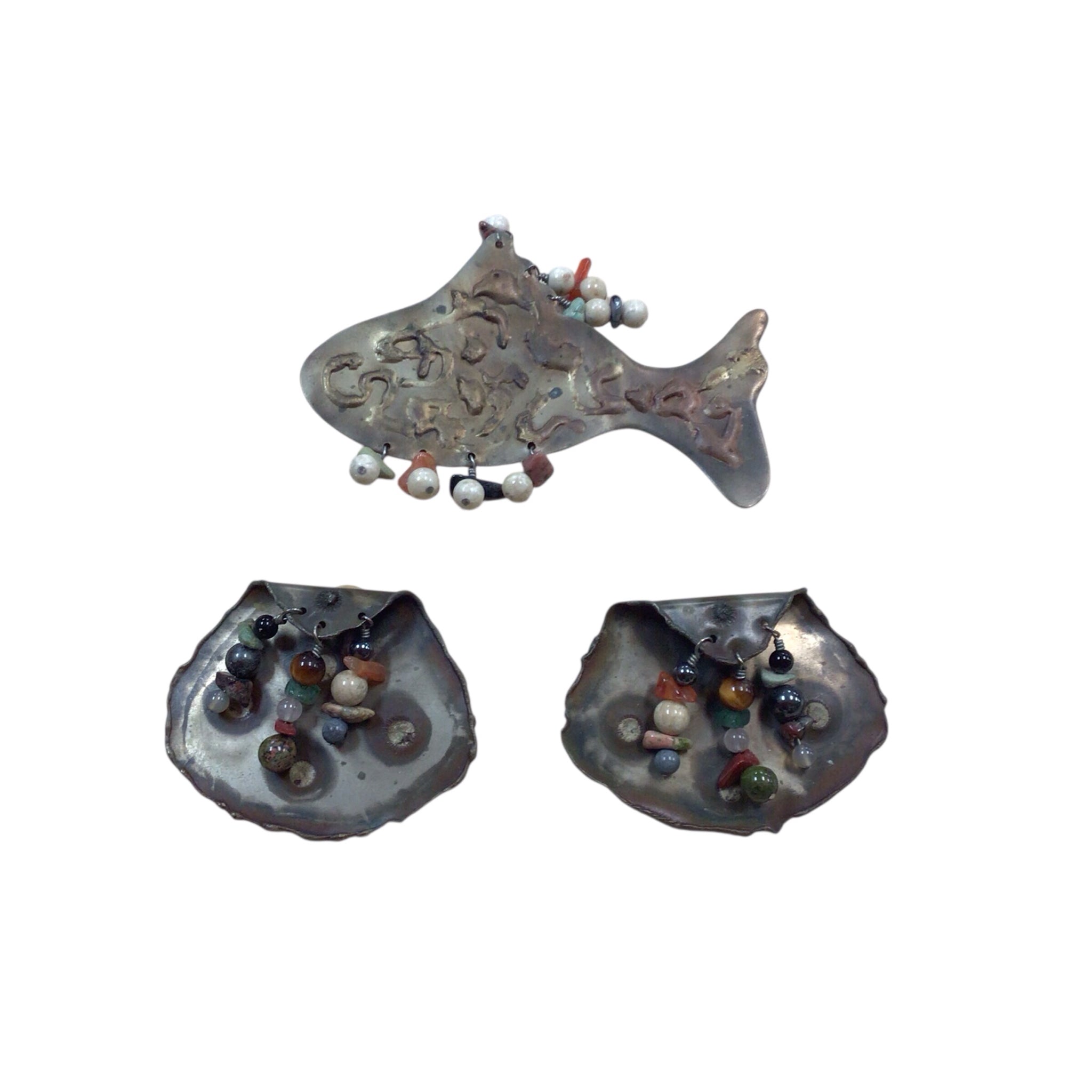 Handcrafted Artisan Fish Pin and Post Earrings Set