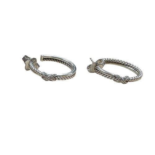 David Yurman Sterling Silver Diamond X Hoop Earrings