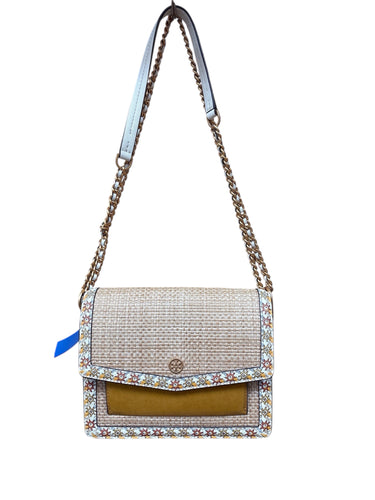 Tory Burch Robinson Straw Leather Shoulder Crossbody Bag Mustard Yellow and Tan
