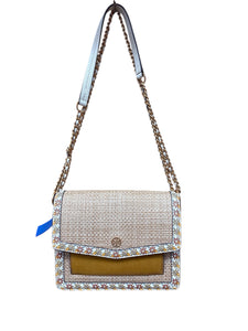 Tory Burch Robinson Straw Leather Shoulder Crossbody Bag Mustard Yellow and Tan