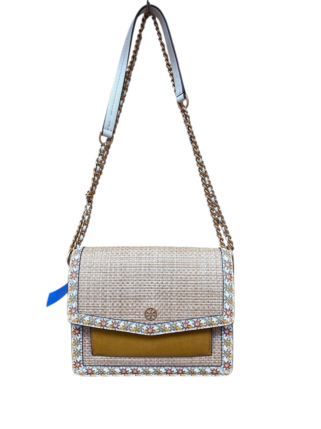 Tory Burch Robinson Straw Leather Shoulder Crossbody Bag Mustard Yellow and Tan