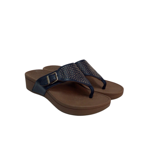 Vionic Capitola Thong Wedge Sandals Women Size 9 Navy Blue Buckle Studded