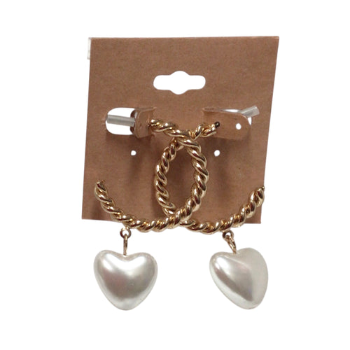 Gold Hoop/White Heart Earrings