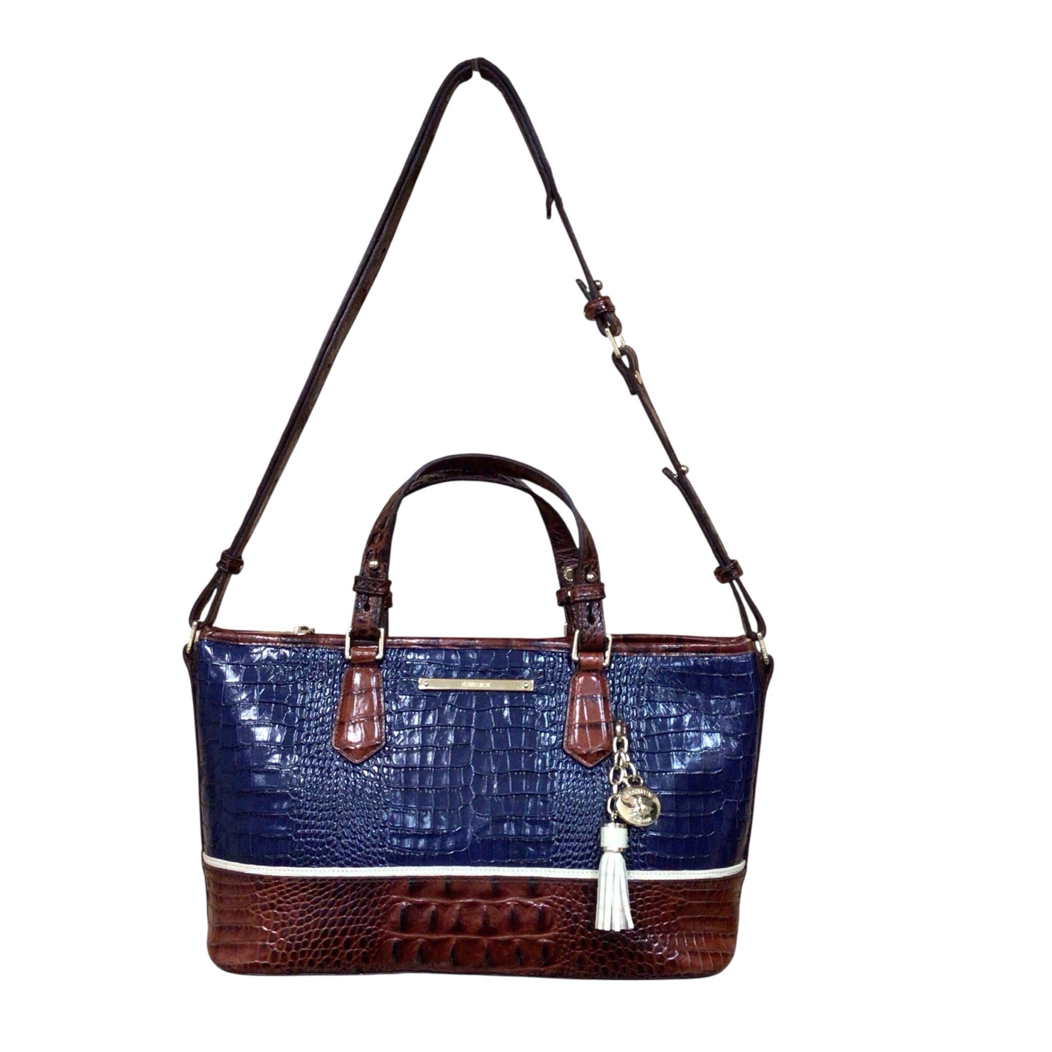 Brahmin Croc Embossed Navy Brown Asher Satchel Shoulder Crossbody Bag
