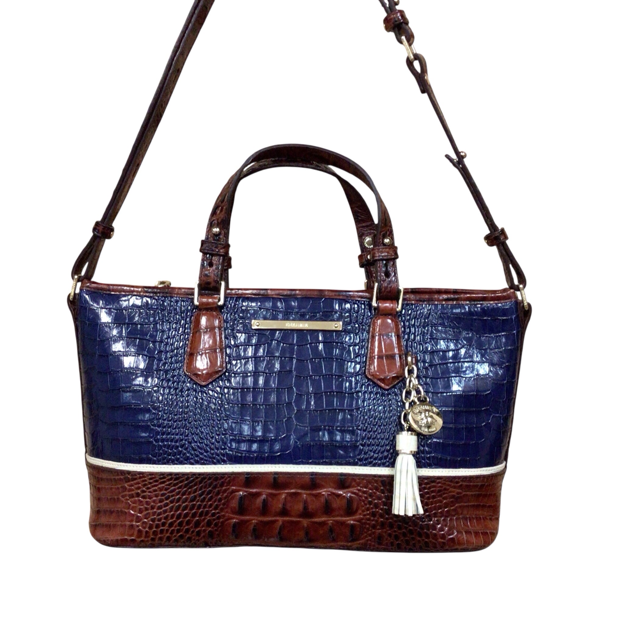 Brahmin Croc Embossed Navy Brown Asher Satchel Shoulder Crossbody Bag