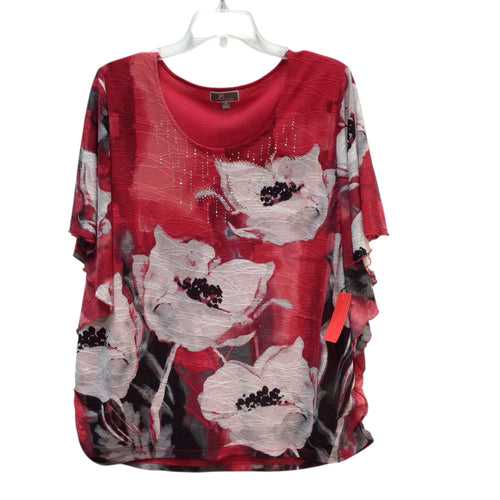 JM Collection Red Floral Short Sleeve Top Size 2X