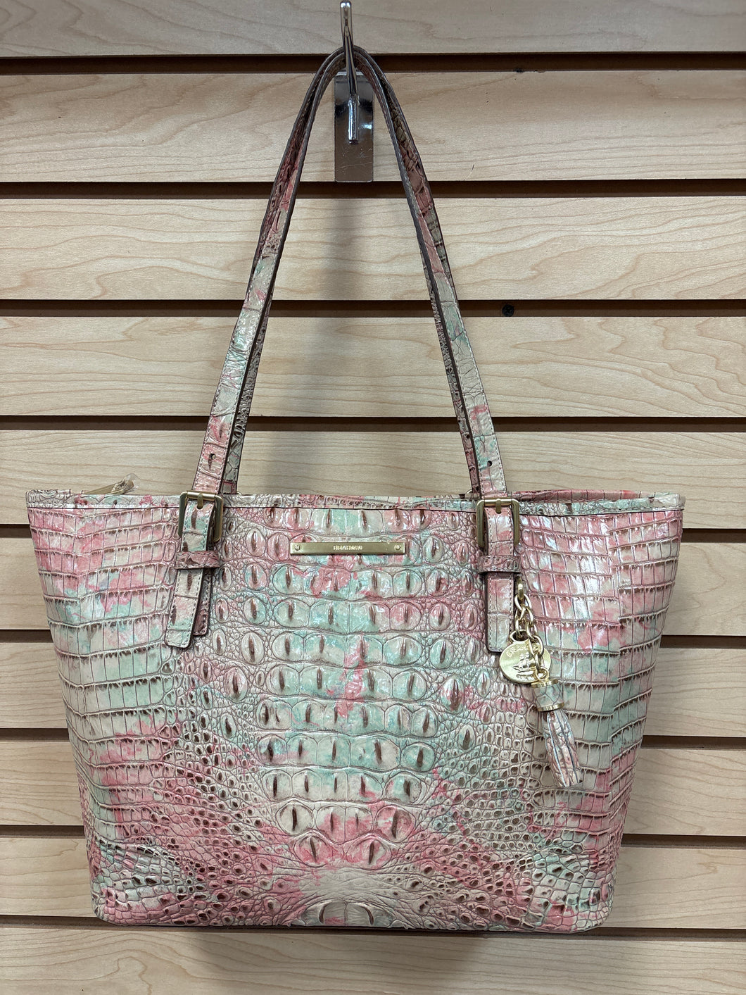 Brahmin Shoulder Bag Green, Pink, And Tan