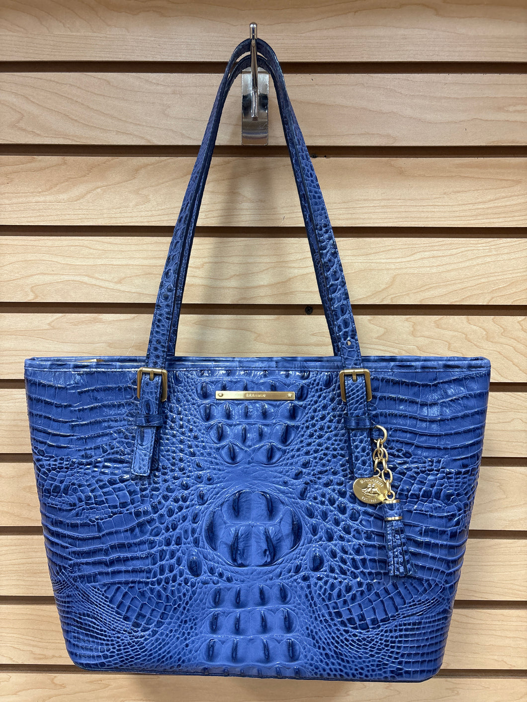 Brahmin Leather Croc Embossed Shoulder Bag Blue