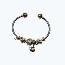 Load image into Gallery viewer, Pandora Sterling Silver Bracelet with Domed Golden Heart Charms