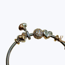 Load image into Gallery viewer, Pandora Sterling Silver Bracelet with Domed Golden Heart Charms