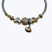 Load image into Gallery viewer, Pandora Sterling Silver Bracelet with Domed Golden Heart Charms