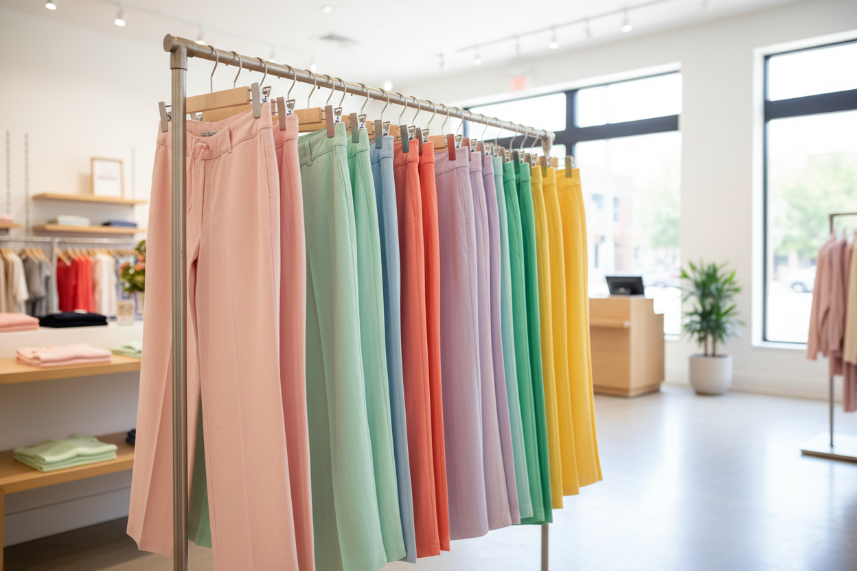 women's spring colored pants hanging on hangers in a store