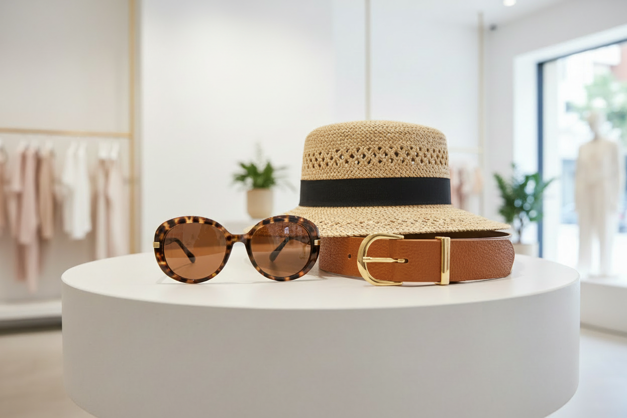 women's summer accessories to include belt, sunglasses, and a hat displayed in a store settings