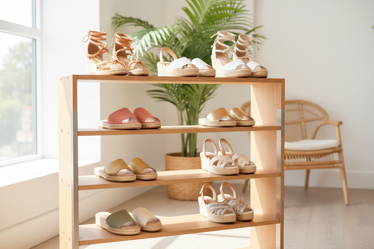 women's summer sandals on a shoe rack
